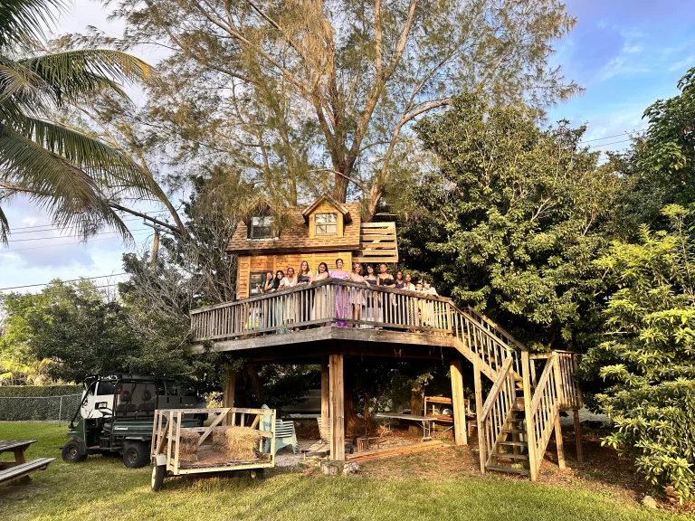 Group of friends on a treehouse deck, perfect outdoor event venue for birthday parties in Florida. SunnyTops