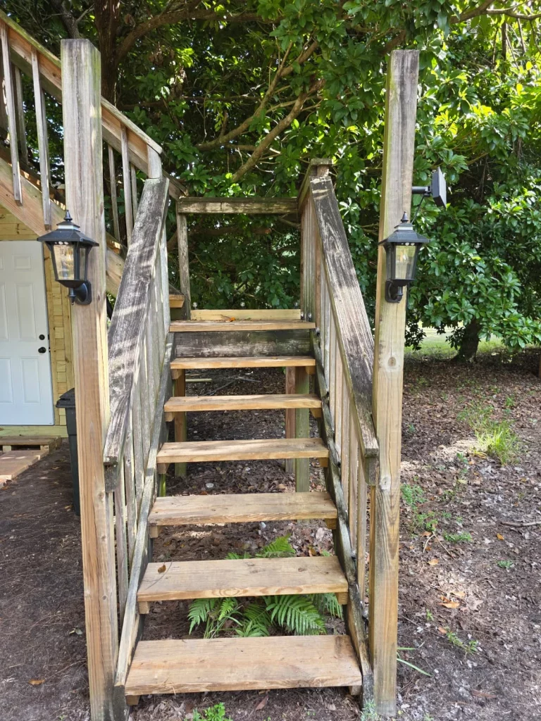 Exterior view of wooden staircase leading to a treehouse rental surrounded by lush Florida greenery, creating a peaceful tree