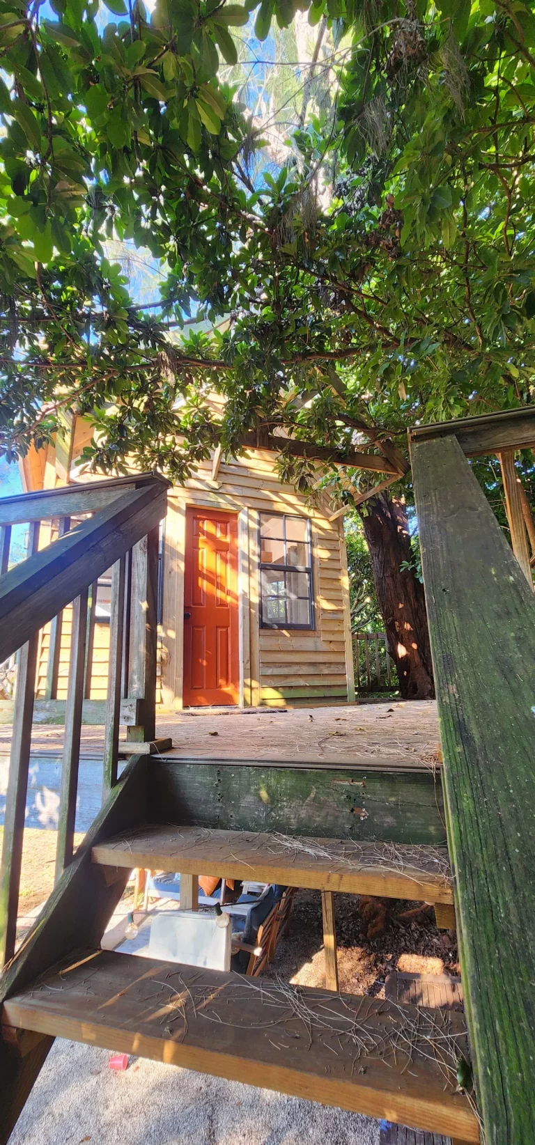 Exterior view of a Florida treehouse rental with an orange door, nestled in lush greenery, offering a peaceful getaway experi